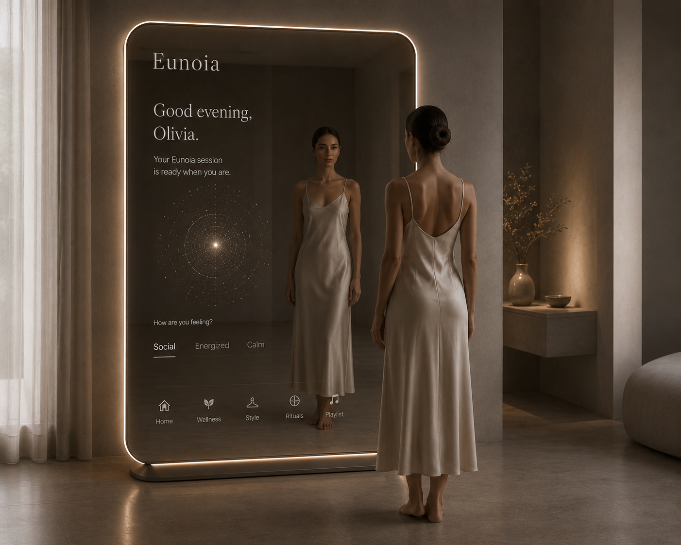 Eunoia smart mirror showing an evening greeting, alignment read and mood selection